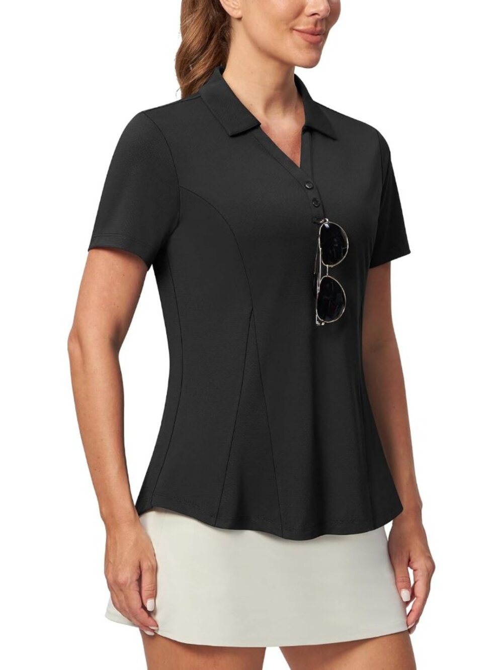 Stylish Women's Golf Polo Shirt, No-Tuck Peplum Top, V-Neck, Sunglass Loop